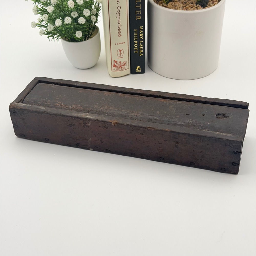Vintage Primitive Wooden Box Sliding Lid Rustic Dark Wood Storage Wall Mount